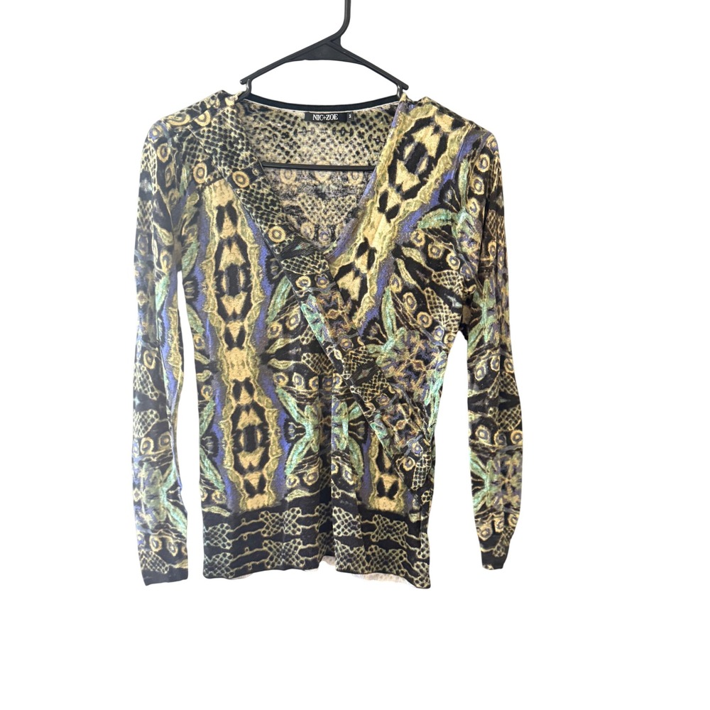 NIC+ZOE Y2k Vintage Silk Linen Blend Wrap Knit Top Green Blue Abstract Artsy M